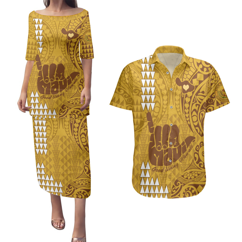 Strong Maui Couples Matching Puletasi Dress and Hawaiian Shirt Good Living Hawaii with Shaka Sign Kakau Tribal Gold LT9 Gold - Polynesian Pride
