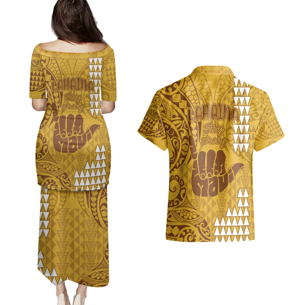 Strong Maui Couples Matching Puletasi Dress and Hawaiian Shirt Good Living Hawaii with Shaka Sign Kakau Tribal Gold LT9 - Polynesian Pride