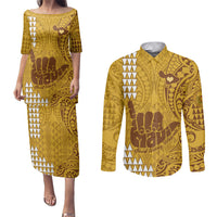 Strong Maui Couples Matching Puletasi Dress and Long Sleeve Button Shirts Good Living Hawaii with Shaka Sign Kakau Tribal Gold LT9 Gold - Polynesian Pride