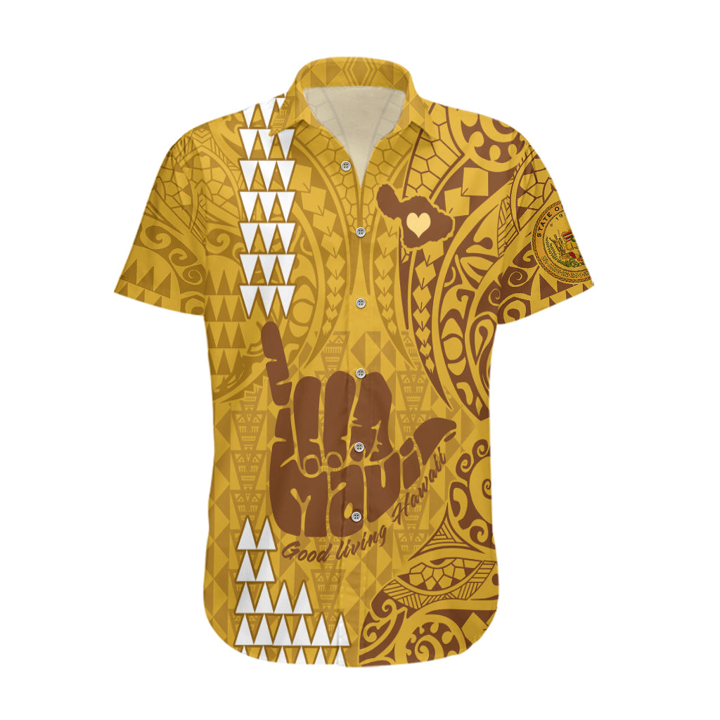 Strong Maui Hawaiian Shirt Good Living Hawaii with Shaka Sign Kakau Tribal Gold LT9 Gold - Polynesian Pride