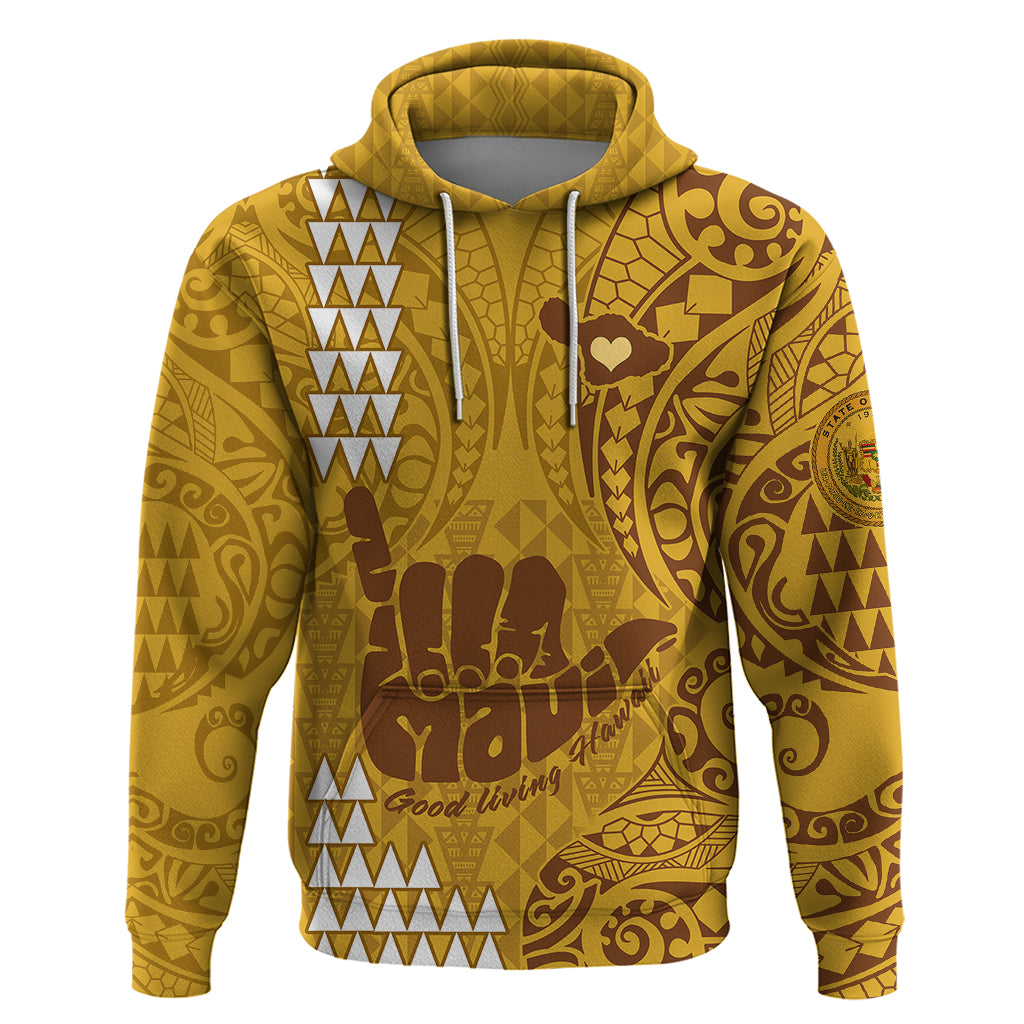 Strong Maui Hoodie Good Living Hawaii with Shaka Sign Kakau Tribal Gold LT9 Gold - Polynesian Pride