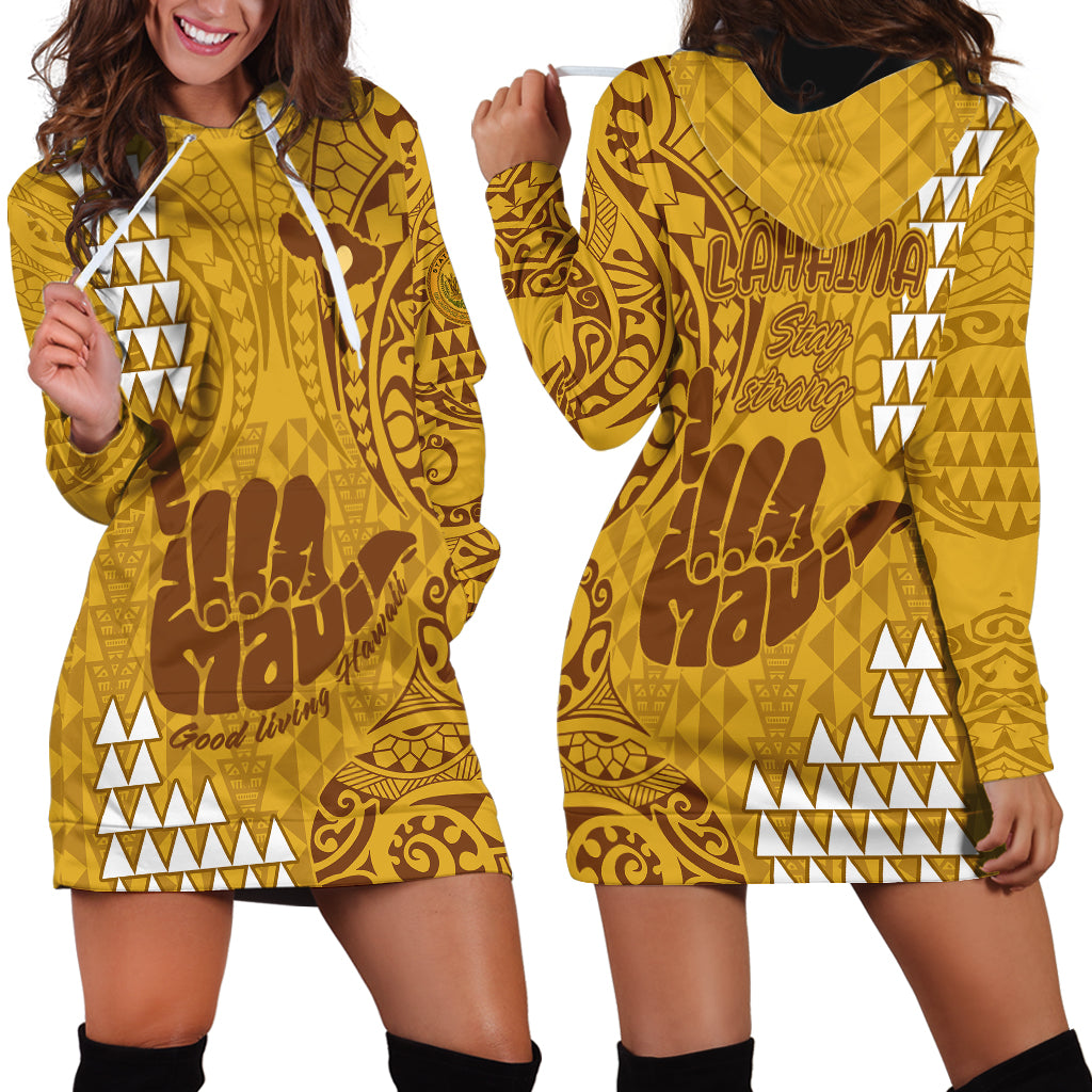 Strong Maui Hoodie Dress Good Living Hawaii with Shaka Sign Kakau Tribal Gold LT9 - Polynesian Pride