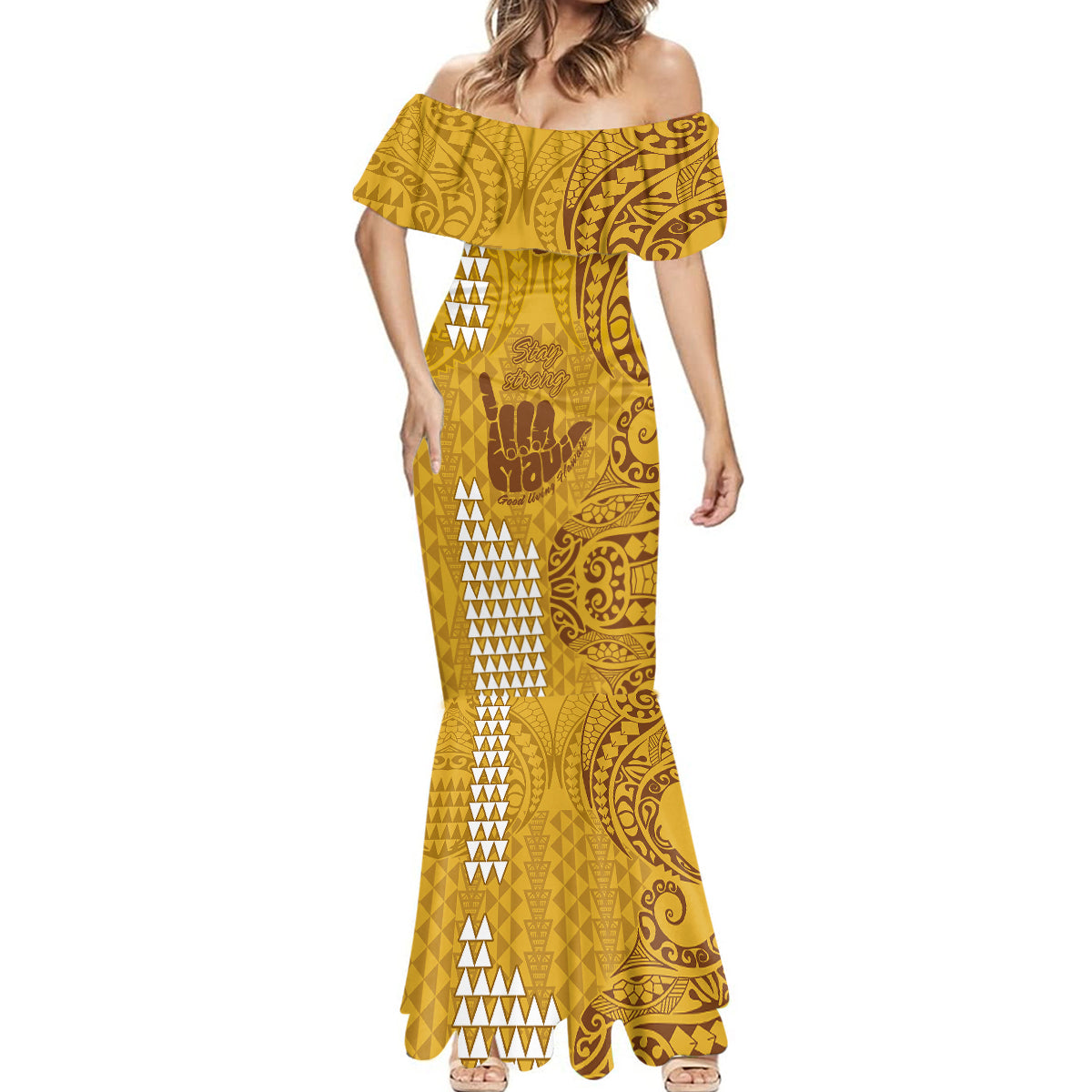 Strong Maui Mermaid Dress Good Living Hawaii with Shaka Sign Kakau Tribal Gold LT9 - Polynesian Pride