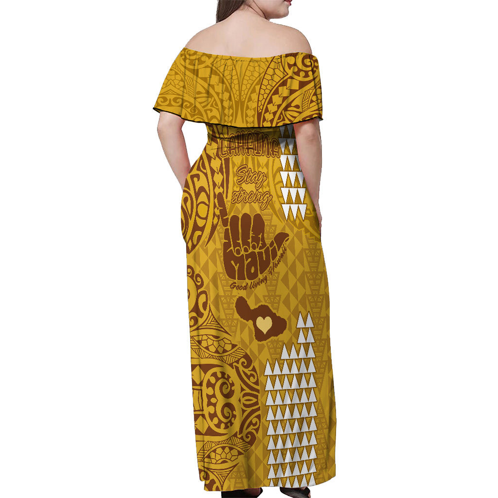 Strong Maui Off Shoulder Maxi Dress Good Living Hawaii with Shaka Sign Kakau Tribal Gold LT9 - Polynesian Pride