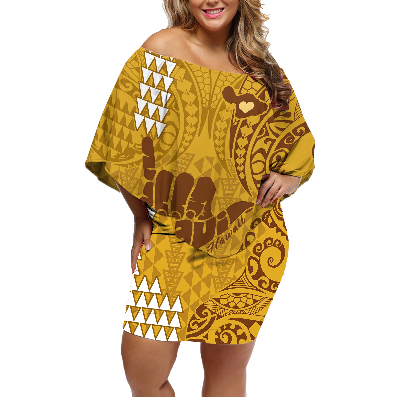 Strong Maui Off Shoulder Short Dress Good Living Hawaii with Shaka Sign Kakau Tribal Gold LT9 Women Gold - Polynesian Pride