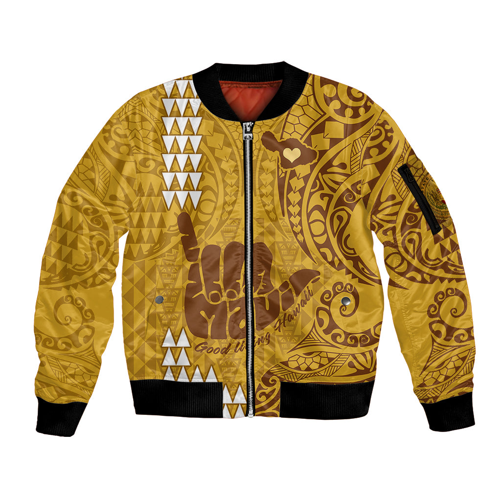 Strong Maui Sleeve Zip Bomber Jacket Good Living Hawaii with Shaka Sign Kakau Tribal Gold LT9 Unisex Gold - Polynesian Pride