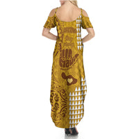 Strong Maui Summer Maxi Dress Good Living Hawaii with Shaka Sign Kakau Tribal Gold LT9 - Polynesian Pride
