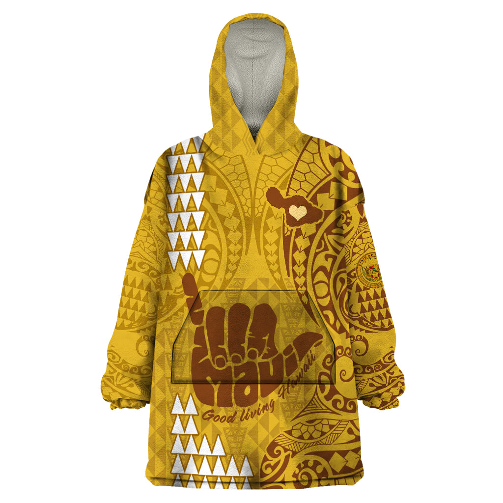 Strong Maui Wearable Blanket Hoodie Good Living Hawaii with Shaka Sign Kakau Tribal Gold LT9 One Size Gold - Polynesian Pride