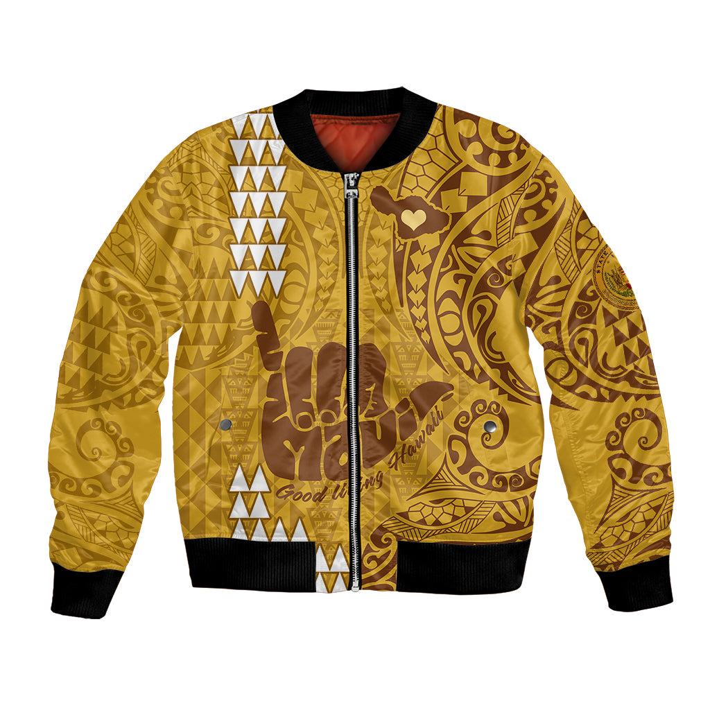 Personalised Strong Maui Bomber Jacket Good Living Hawaii with Shaka Sign Kakau Tribal Gold LT9 Unisex Gold - Polynesian Pride
