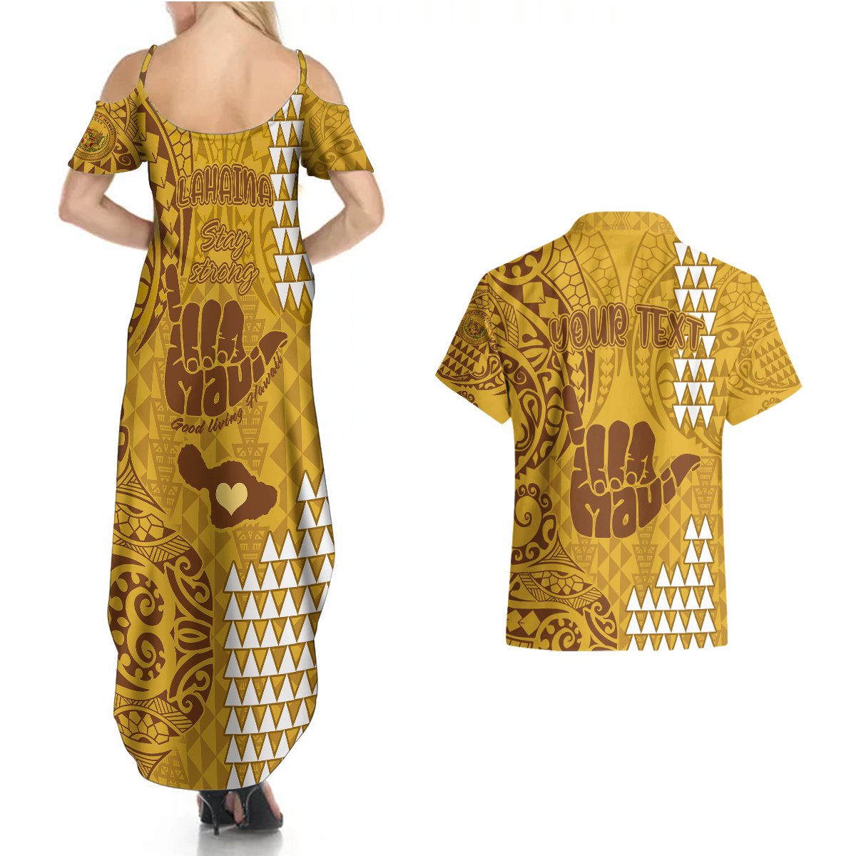 Personalised Strong Maui Couples Matching Summer Maxi Dress and Hawaiian Shirt Good Living Hawaii with Shaka Sign Kakau Tribal Gold LT9 - Polynesian Pride