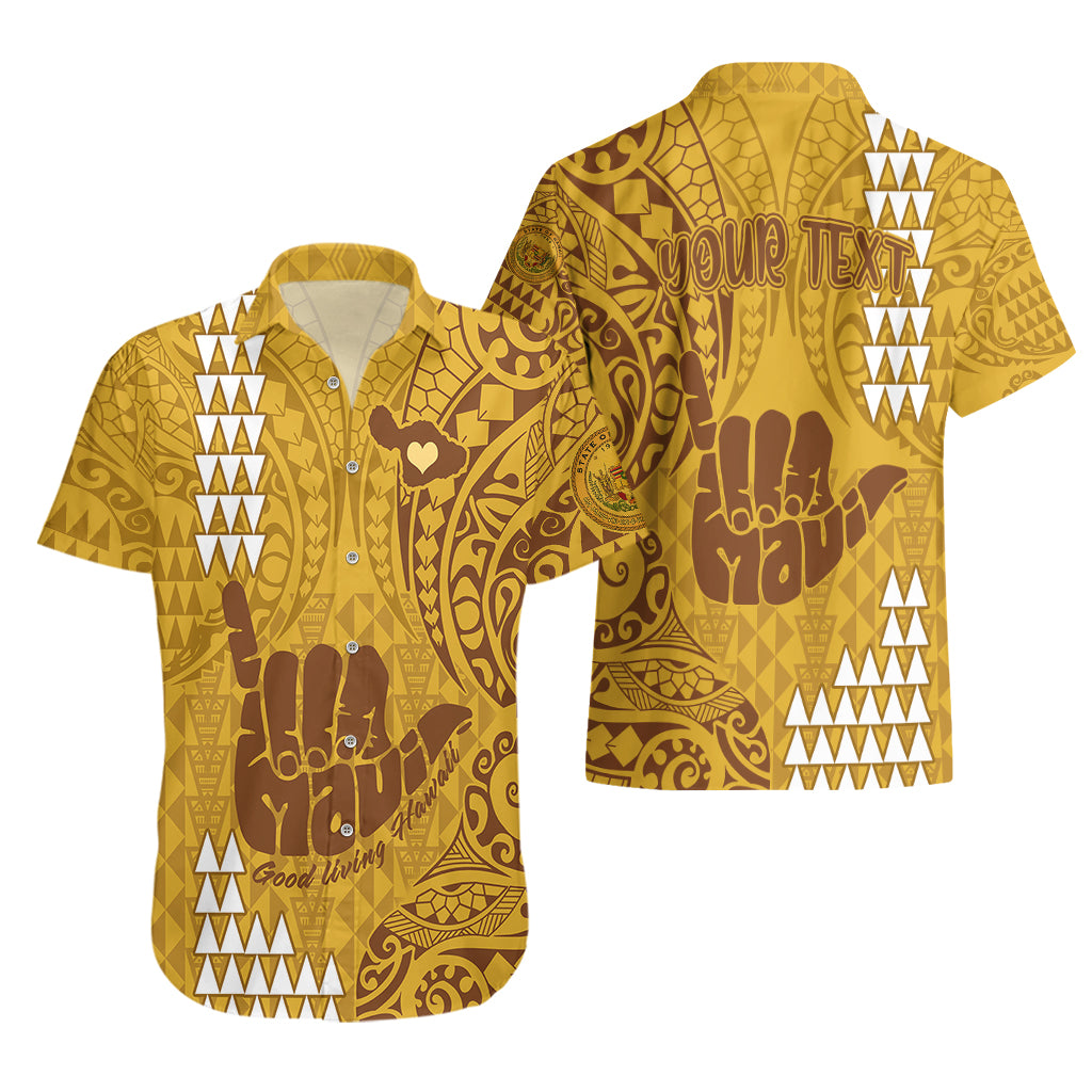 Personalised Strong Maui Hawaiian Shirt Good Living Hawaii with Shaka Sign Kakau Tribal Gold LT9 - Polynesian Pride