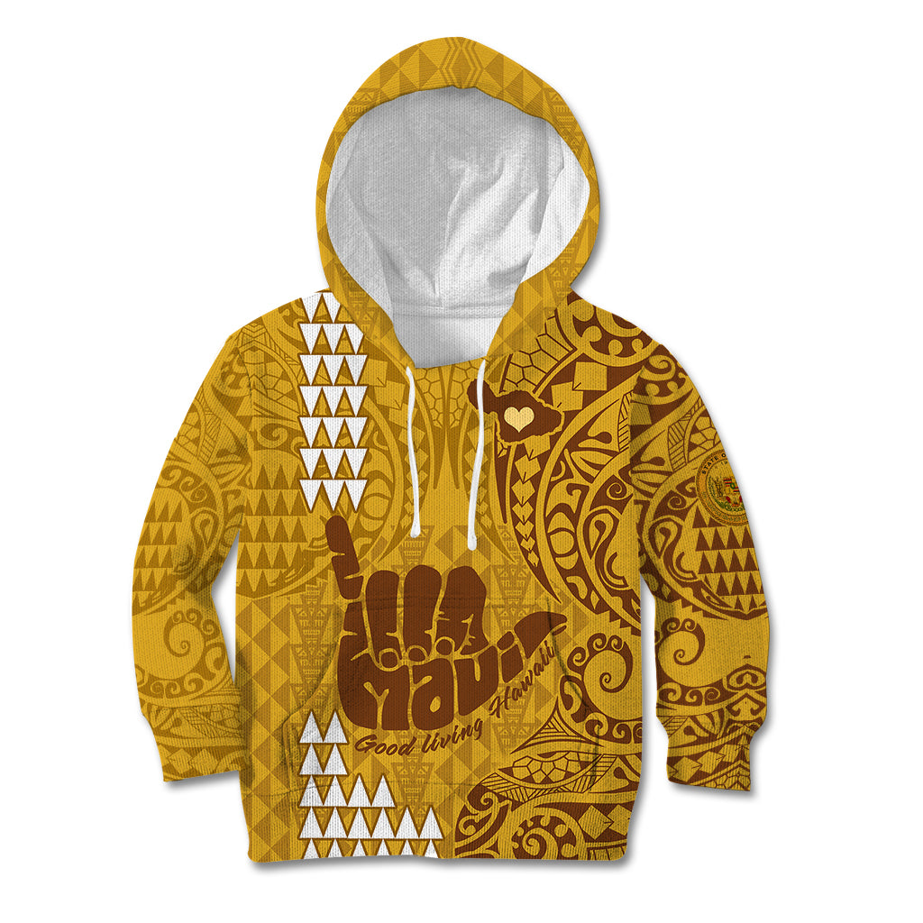Personalised Strong Maui Kid Hoodie Good Living Hawaii with Shaka Sign Kakau Tribal Gold LT9 Hoodie Gold - Polynesian Pride