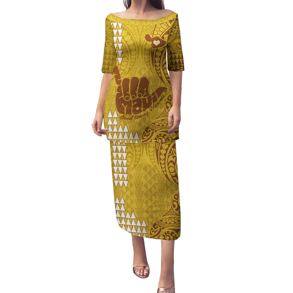 Personalised Strong Maui Puletasi Good Living Hawaii with Shaka Sign Kakau Tribal Gold LT9 Long Dress Gold - Polynesian Pride