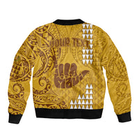 Personalised Strong Maui Sleeve Zip Bomber Jacket Good Living Hawaii with Shaka Sign Kakau Tribal Gold LT9 - Polynesian Pride