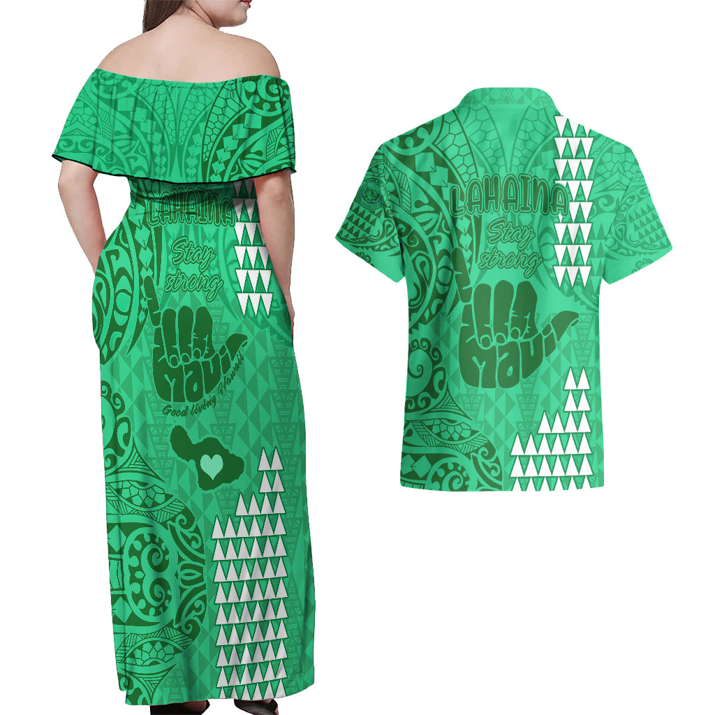 Strong Maui Couples Matching Off Shoulder Maxi Dress and Hawaiian Shirt Good Living Hawaii with Shaka Sign Kakau Tribal Green LT9 - Polynesian Pride