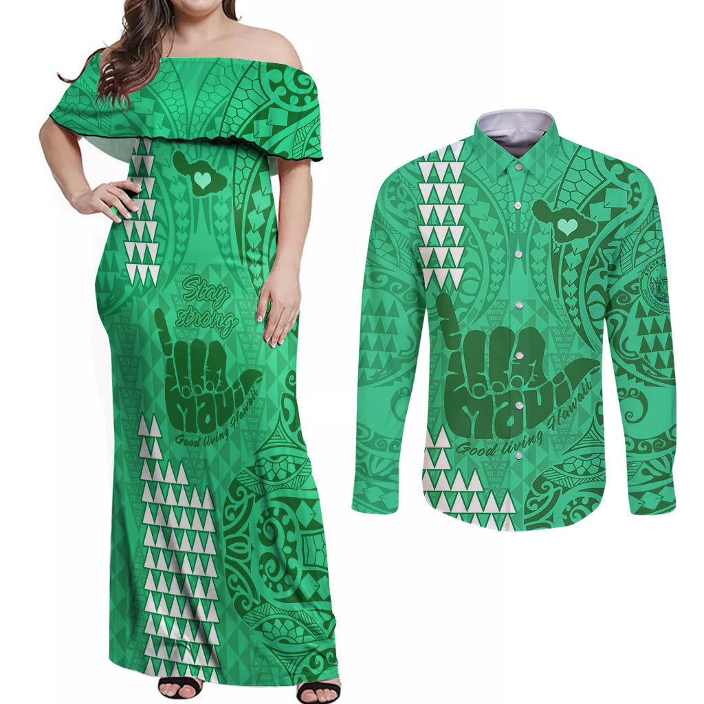 Strong Maui Couples Matching Off Shoulder Maxi Dress and Long Sleeve Button Shirts Good Living Hawaii with Shaka Sign Kakau Tribal Green LT9 Green - Polynesian Pride