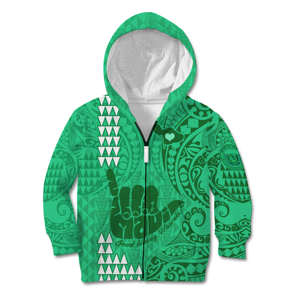 Strong Maui Kid Hoodie Good Living Hawaii with Shaka Sign Kakau Tribal Green LT9 Zip Hoodie Green - Polynesian Pride