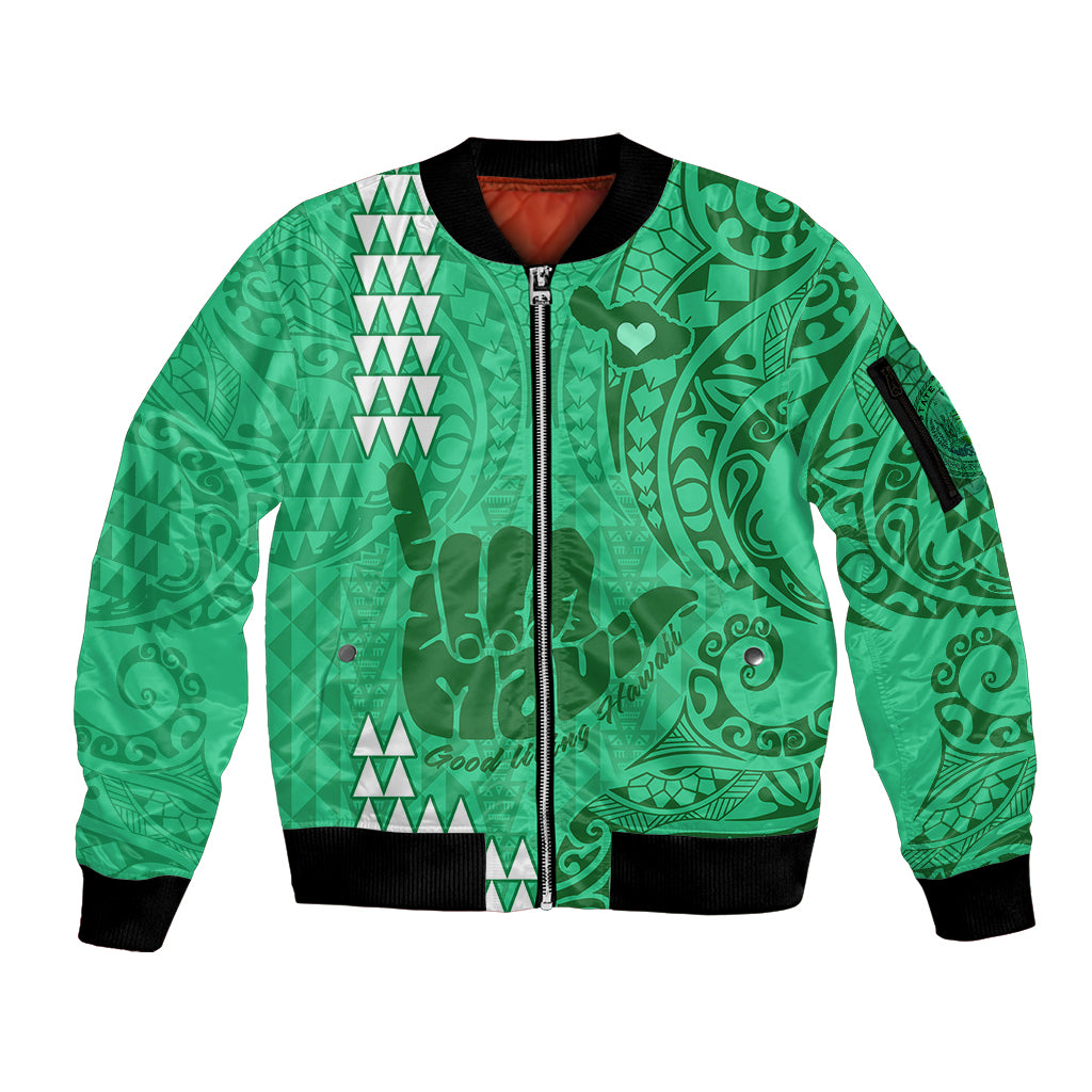 Strong Maui Sleeve Zip Bomber Jacket Good Living Hawaii with Shaka Sign Kakau Tribal Green LT9 Unisex Green - Polynesian Pride