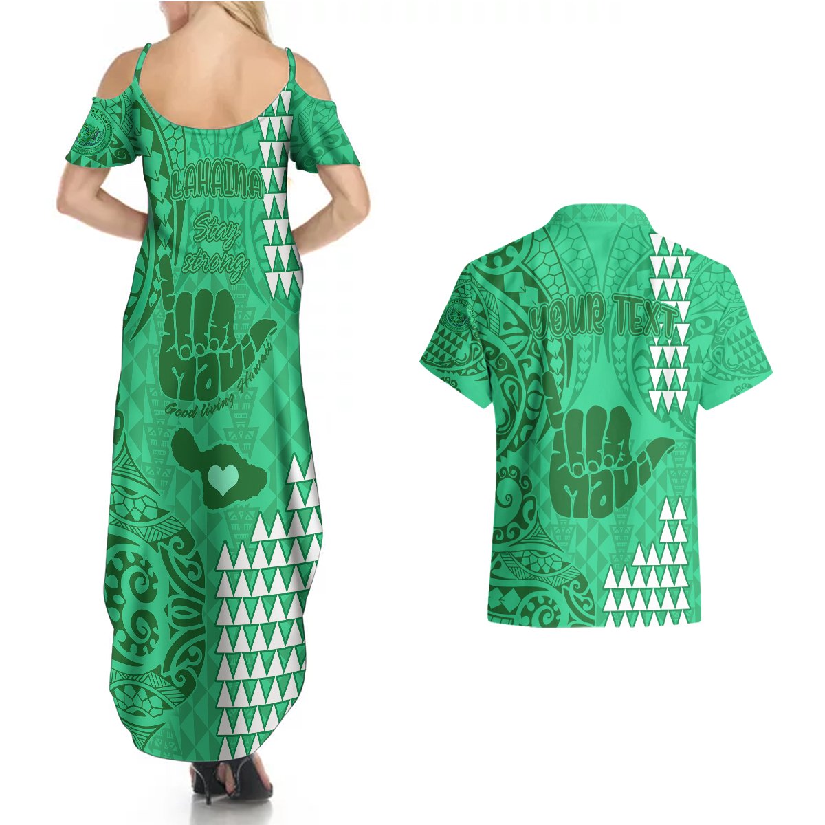 Personalised Strong Maui Couples Matching Summer Maxi Dress and Hawaiian Shirt Good Living Hawaii with Shaka Sign Kakau Tribal Green LT9 - Polynesian Pride