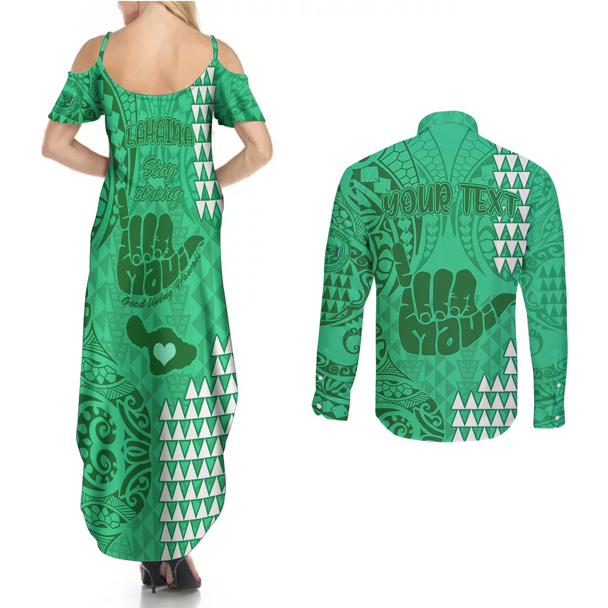 Personalised Strong Maui Couples Matching Summer Maxi Dress and Long Sleeve Button Shirts Good Living Hawaii with Shaka Sign Kakau Tribal Green LT9 - Polynesian Pride