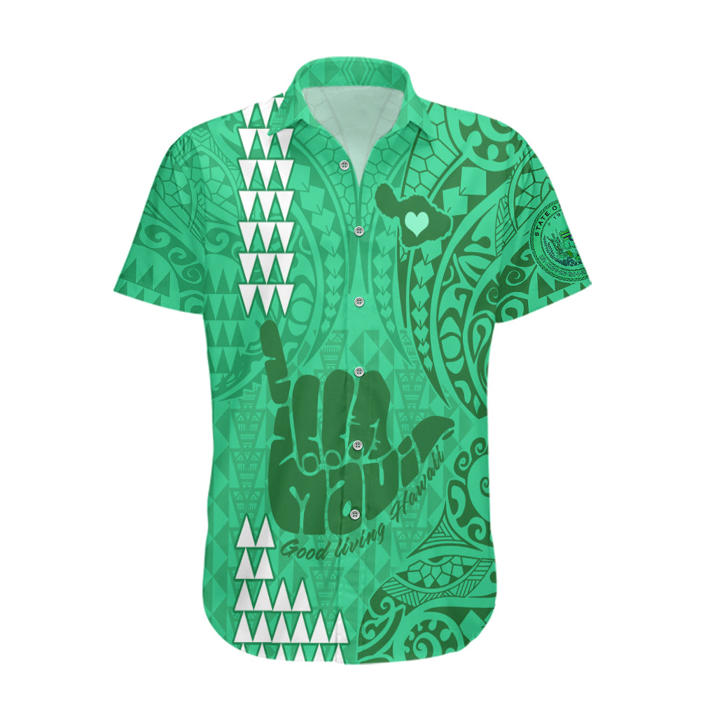 Personalised Strong Maui Hawaiian Shirt Good Living Hawaii with Shaka Sign Kakau Tribal Green LT9 Green - Polynesian Pride