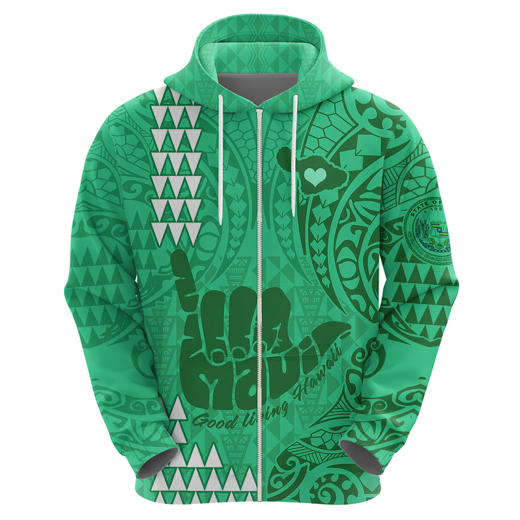 Personalised Strong Maui Hoodie Good Living Hawaii with Shaka Sign Kakau Tribal Green LT9 - Polynesian Pride