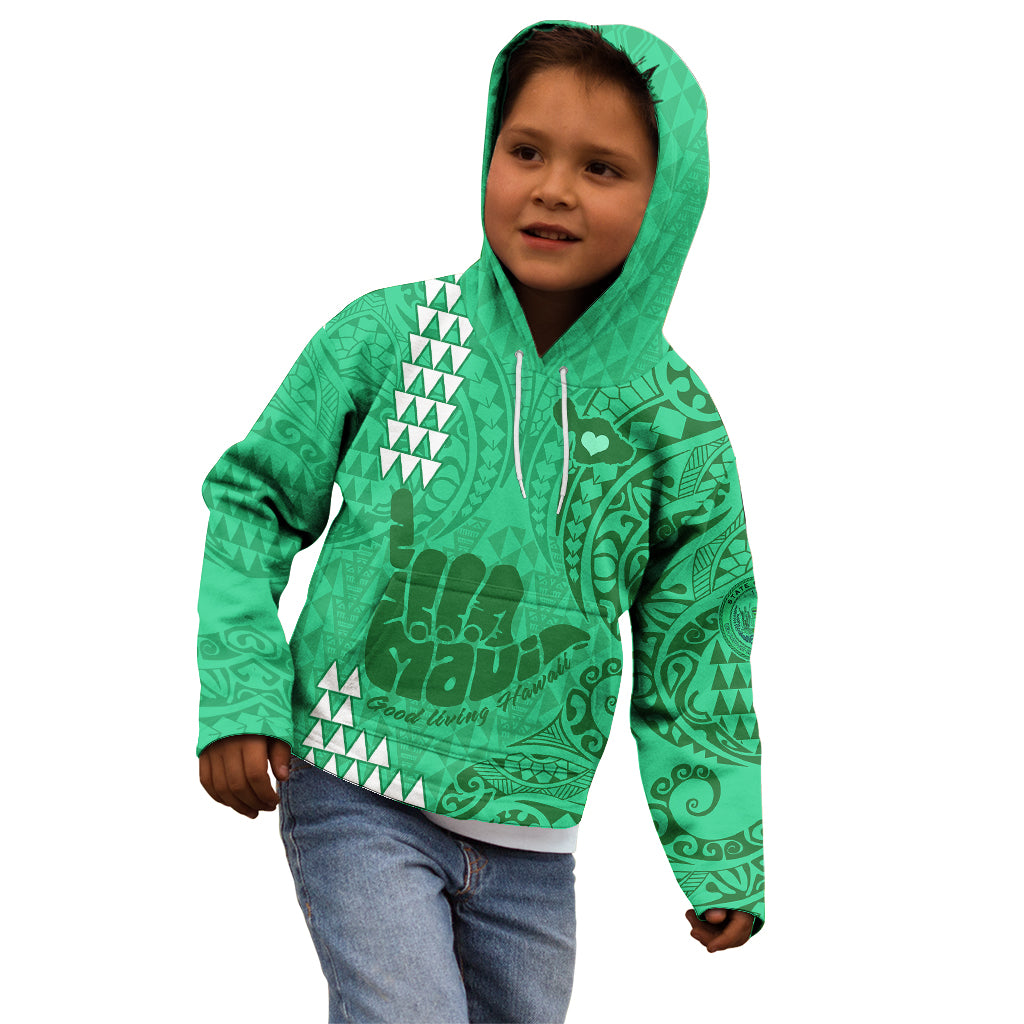 Personalised Strong Maui Kid Hoodie Good Living Hawaii with Shaka Sign Kakau Tribal Green LT9 - Polynesian Pride