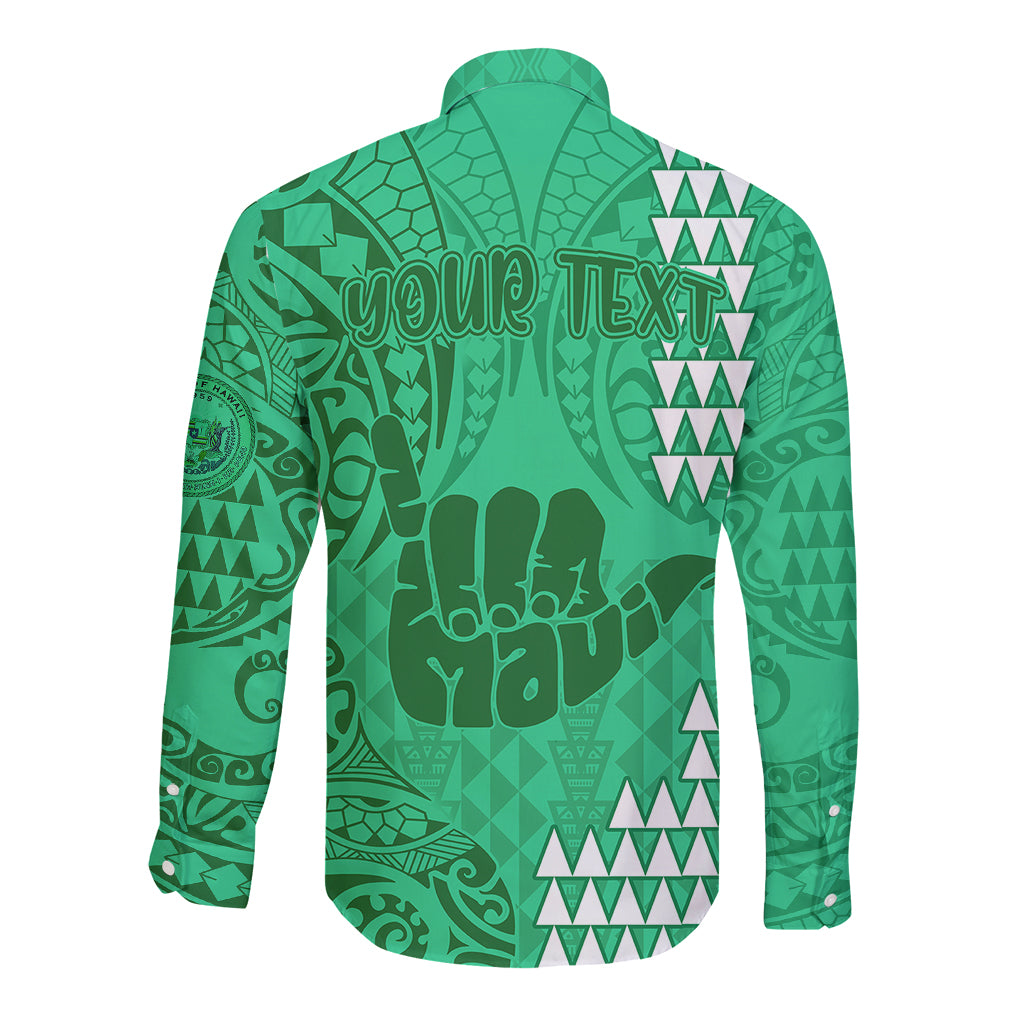 Personalised Strong Maui Long Sleeve Button Shirt Good Living Hawaii with Shaka Sign Kakau Tribal Green LT9 - Polynesian Pride
