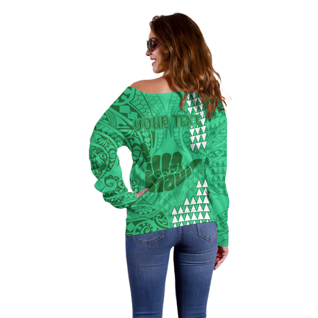 Personalised Strong Maui Off Shoulder Sweater Good Living Hawaii with Shaka Sign Kakau Tribal Green LT9 - Polynesian Pride