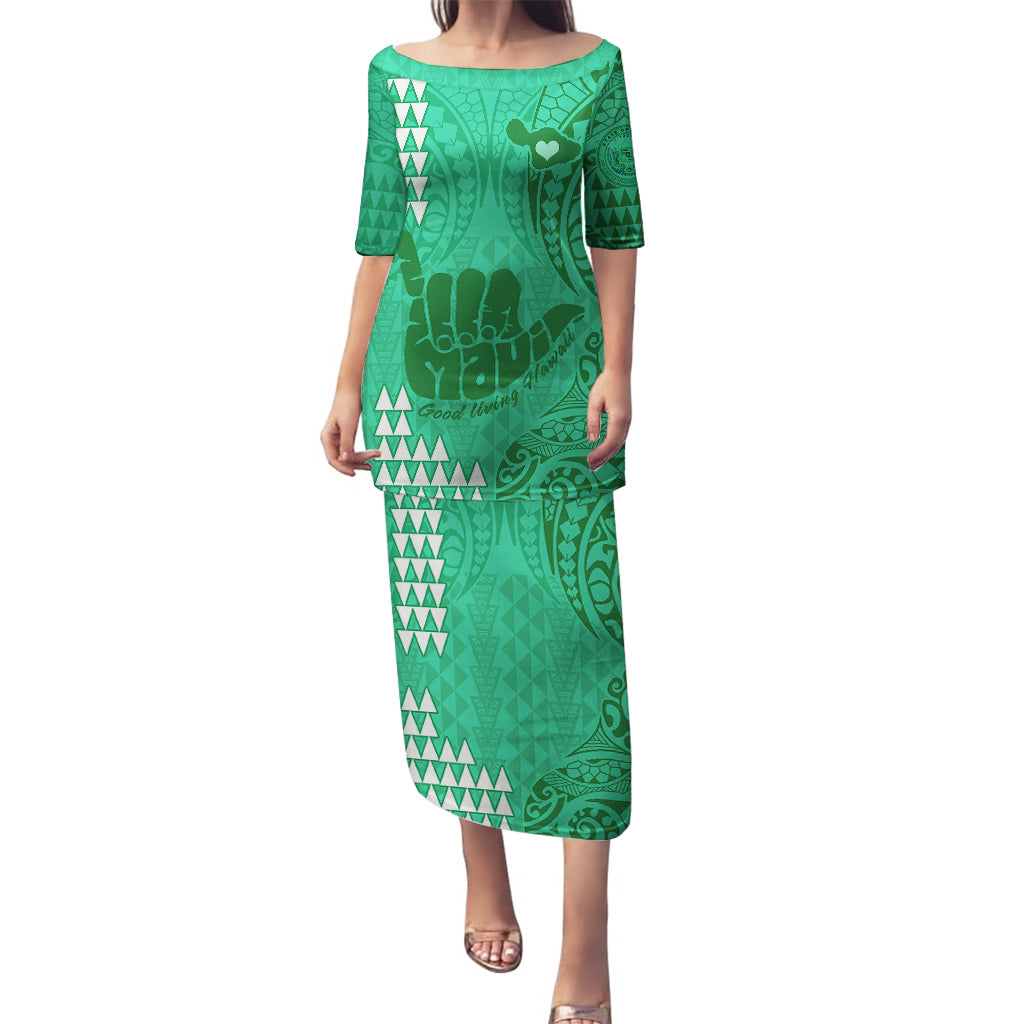 Personalised Strong Maui Puletasi Good Living Hawaii with Shaka Sign Kakau Tribal Green LT9 Long Dress Green - Polynesian Pride