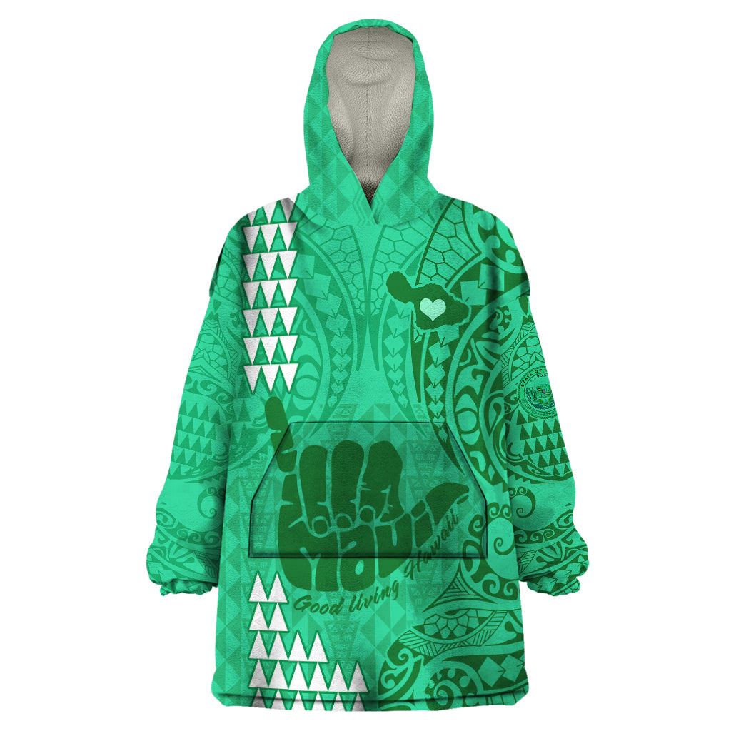 Personalised Strong Maui Wearable Blanket Hoodie Good Living Hawaii with Shaka Sign Kakau Tribal Green LT9 One Size Green - Polynesian Pride