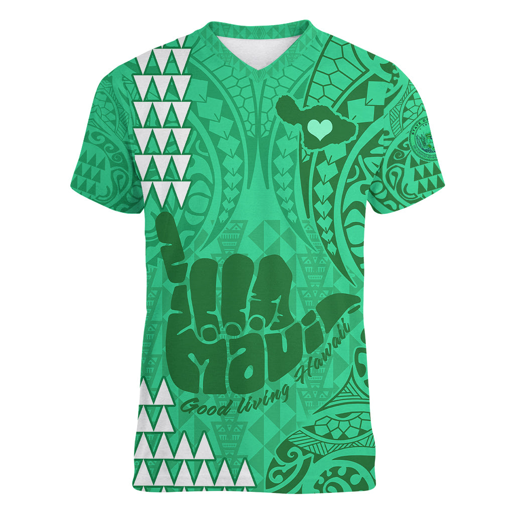 Personalised Strong Maui Women V Neck T Shirt Good Living Hawaii with Shaka Sign Kakau Tribal Green LT9 Female Green - Polynesian Pride