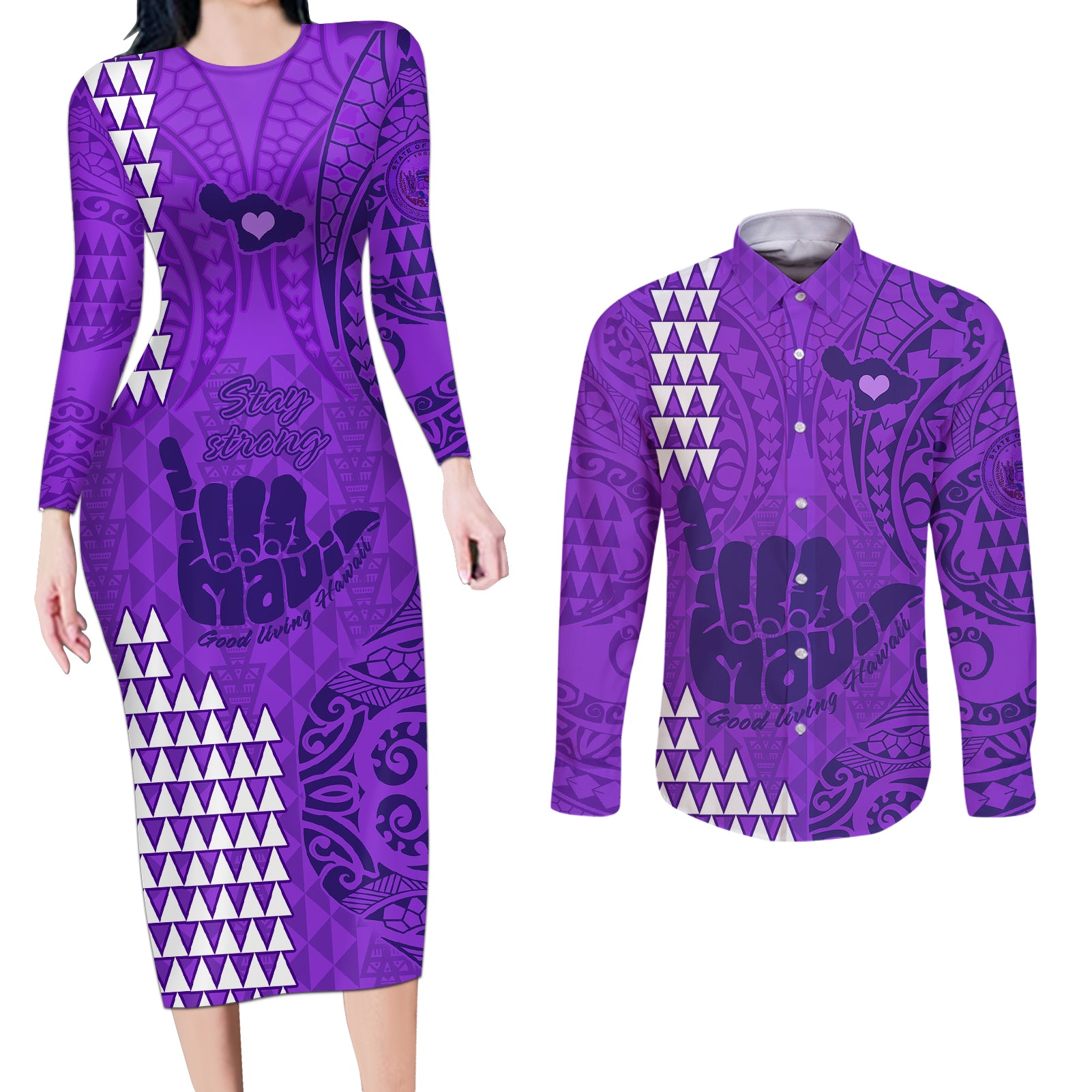 Strong Maui Couples Matching Long Sleeve Bodycon Dress and Long Sleeve Button Shirts Good Living Hawaii with Shaka Sign Kakau Tribal Purple LT9 Purple - Polynesian Pride