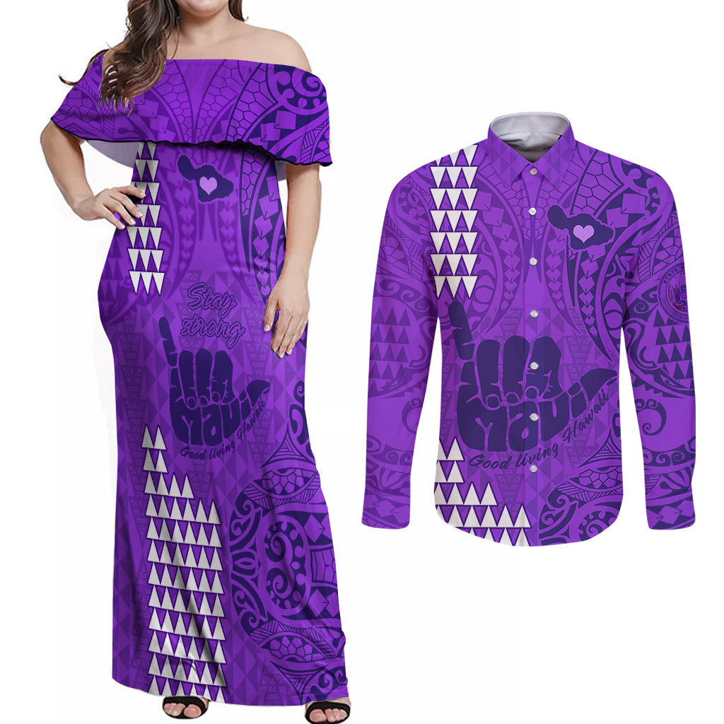 Strong Maui Couples Matching Off Shoulder Maxi Dress and Long Sleeve Button Shirts Good Living Hawaii with Shaka Sign Kakau Tribal Purple LT9 Purple - Polynesian Pride