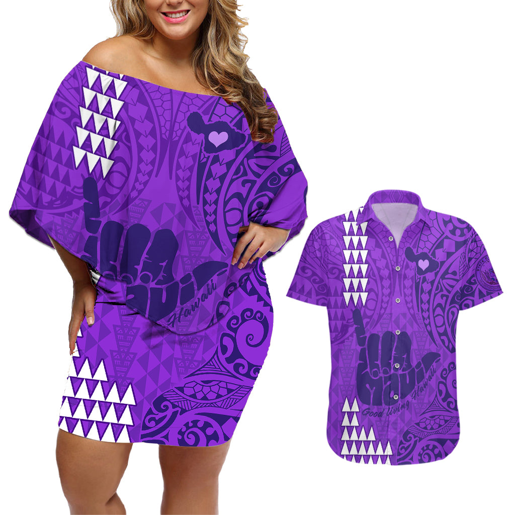 Strong Maui Couples Matching Off Shoulder Short Dress and Hawaiian Shirt Good Living Hawaii with Shaka Sign Kakau Tribal Purple LT9 Purple - Polynesian Pride