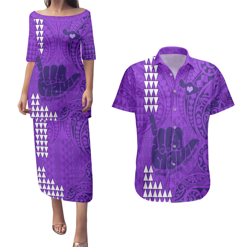 Strong Maui Couples Matching Puletasi Dress and Hawaiian Shirt Good Living Hawaii with Shaka Sign Kakau Tribal Purple LT9 Purple - Polynesian Pride