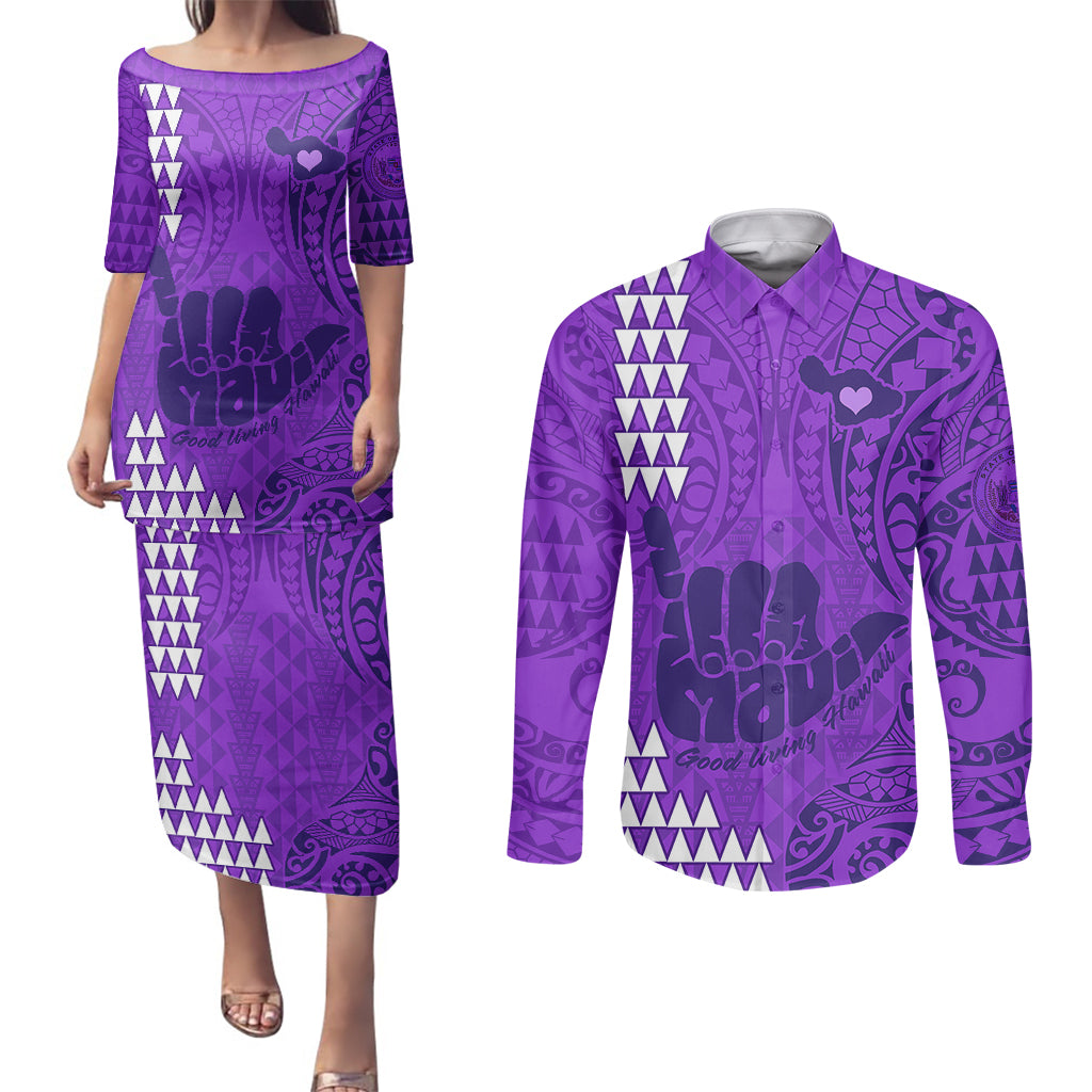 Strong Maui Couples Matching Puletasi Dress and Long Sleeve Button Shirts Good Living Hawaii with Shaka Sign Kakau Tribal Purple LT9 Purple - Polynesian Pride