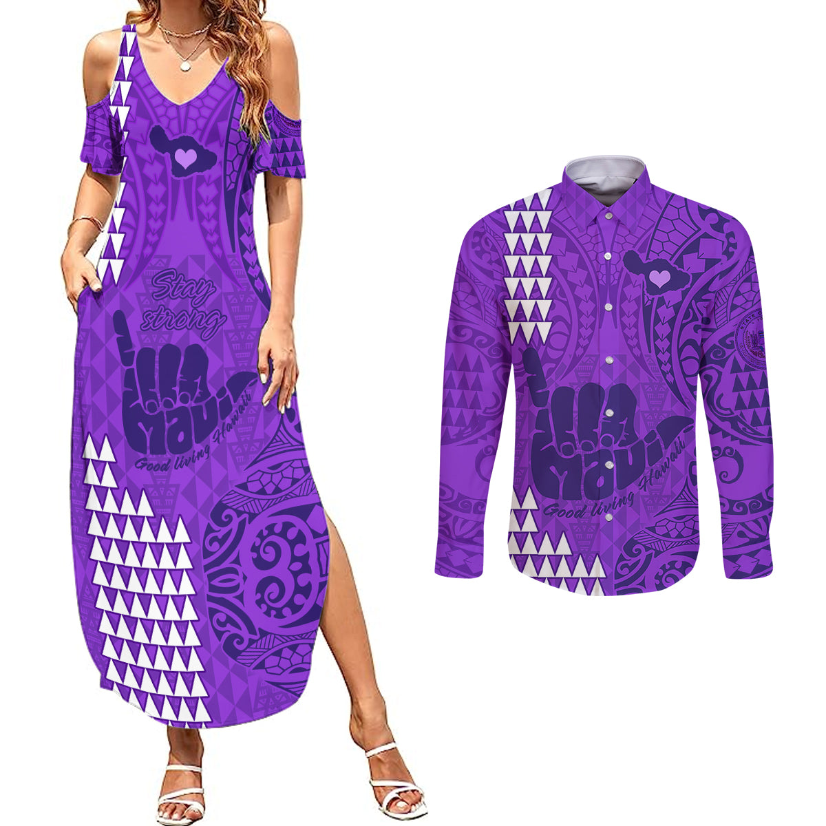 Strong Maui Couples Matching Summer Maxi Dress and Long Sleeve Button Shirts Good Living Hawaii with Shaka Sign Kakau Tribal Purple LT9 Purple - Polynesian Pride