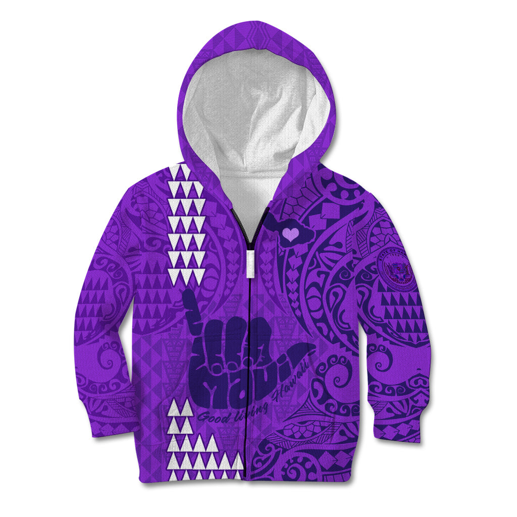Strong Maui Kid Hoodie Good Living Hawaii with Shaka Sign Kakau Tribal Purple LT9 Zip Hoodie Purple - Polynesian Pride