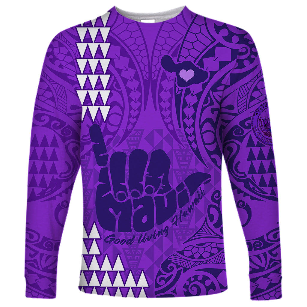 Strong Maui Long Sleeve Shirt Good Living Hawaii with Shaka Sign Kakau Tribal Purple LT9 Unisex Purple - Polynesian Pride