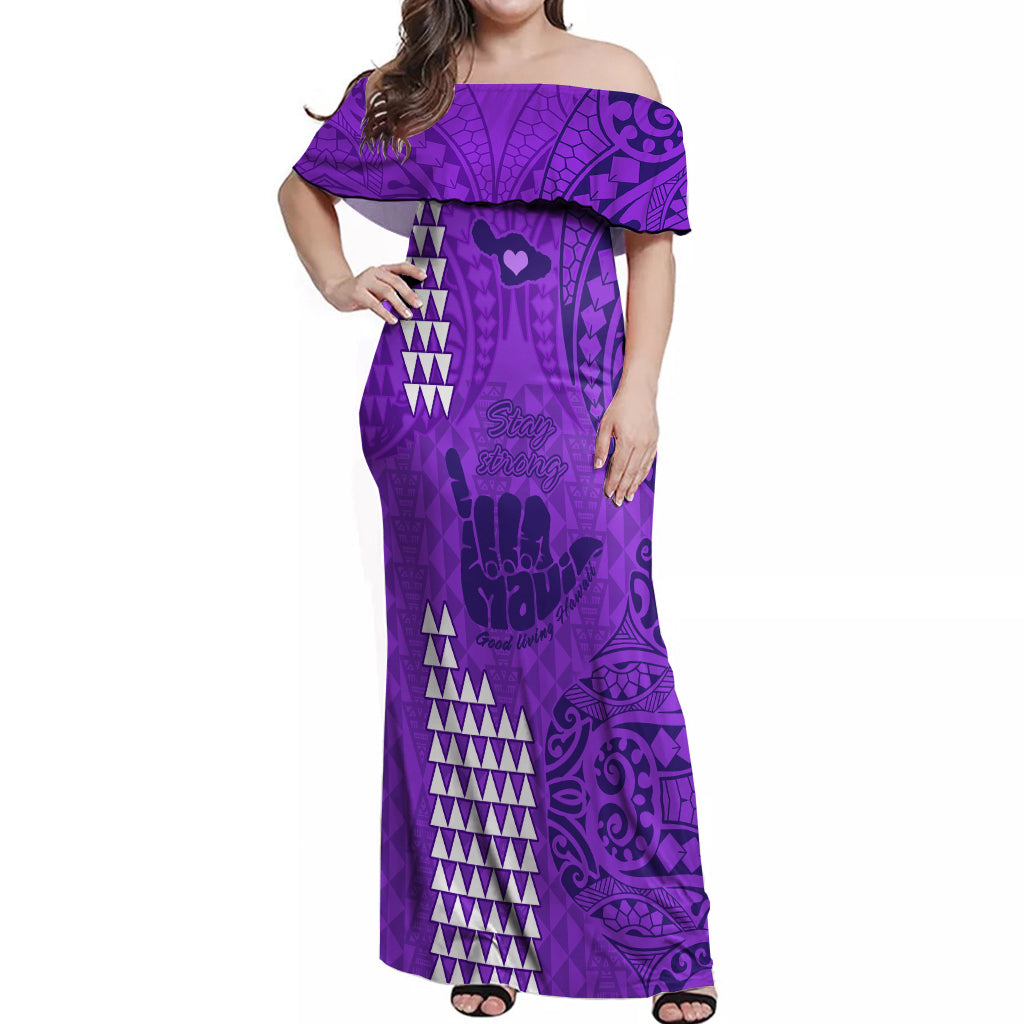Strong Maui Off Shoulder Maxi Dress Good Living Hawaii with Shaka Sign Kakau Tribal Purple LT9 Women Purple - Polynesian Pride
