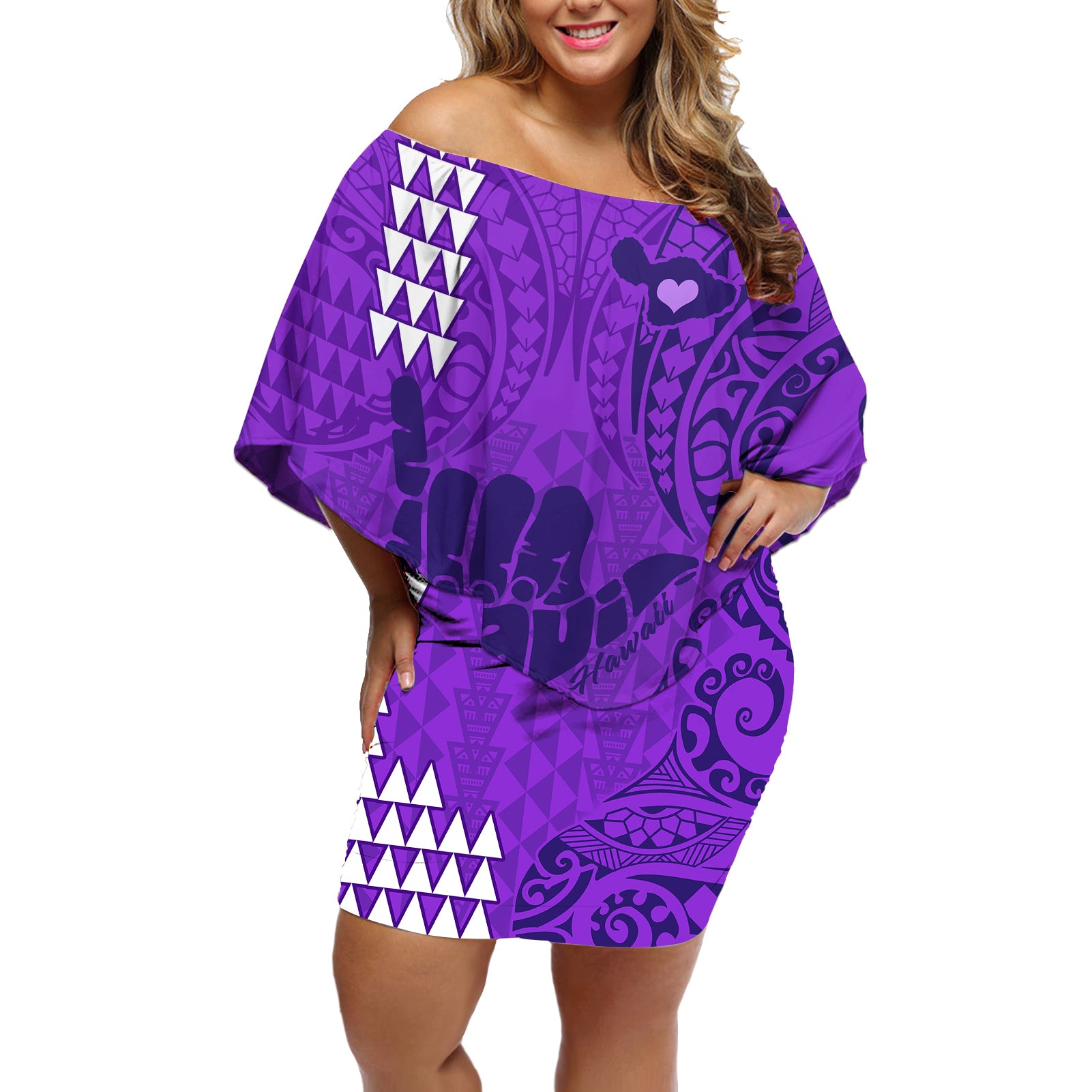 Strong Maui Off Shoulder Short Dress Good Living Hawaii with Shaka Sign Kakau Tribal Purple LT9 Women Purple - Polynesian Pride