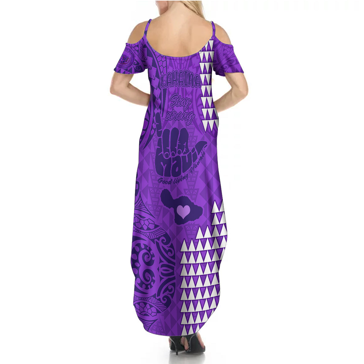 Strong Maui Summer Maxi Dress Good Living Hawaii with Shaka Sign Kakau Tribal Purple LT9 - Polynesian Pride