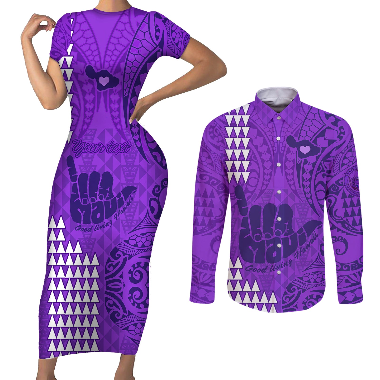 Personalised Strong Maui Couples Matching Short Sleeve Bodycon Dress and Long Sleeve Button Shirts Good Living Hawaii with Shaka Sign Kakau Tribal Purple LT9 Purple - Polynesian Pride