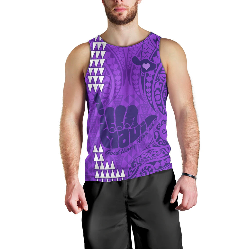 Personalised Strong Maui Men Tank Top Good Living Hawaii with Shaka Sign Kakau Tribal Purple LT9 - Polynesian Pride