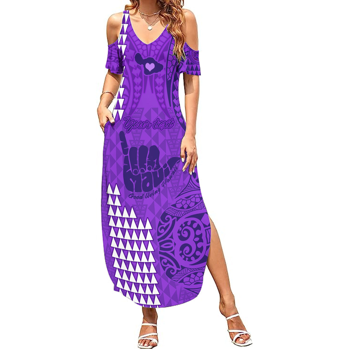 Personalised Strong Maui Summer Maxi Dress Good Living Hawaii with Shaka Sign Kakau Tribal Purple LT9 Women Purple - Polynesian Pride