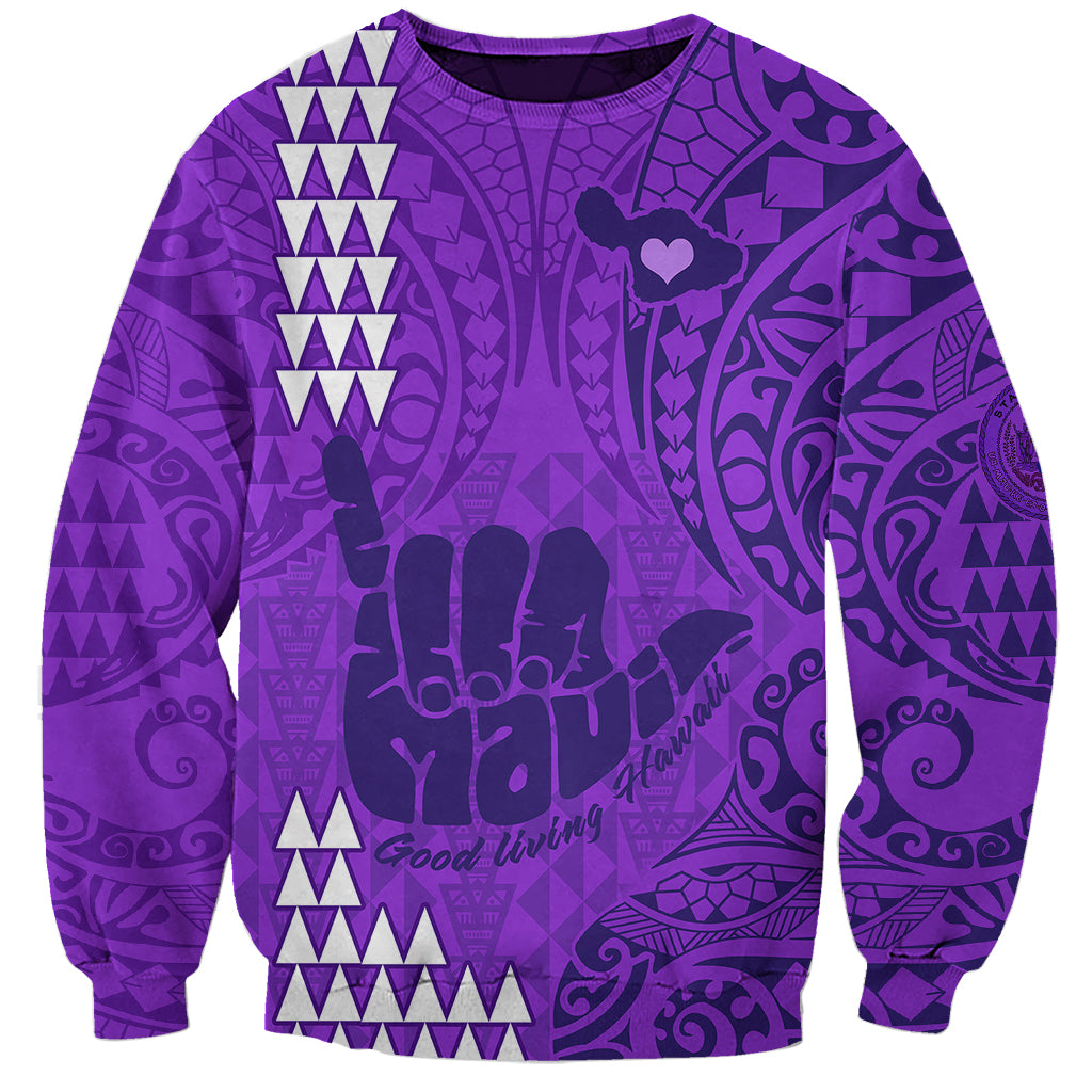 Personalised Strong Maui Sweatshirt Good Living Hawaii with Shaka Sign Kakau Tribal Purple LT9 Unisex Purple - Polynesian Pride
