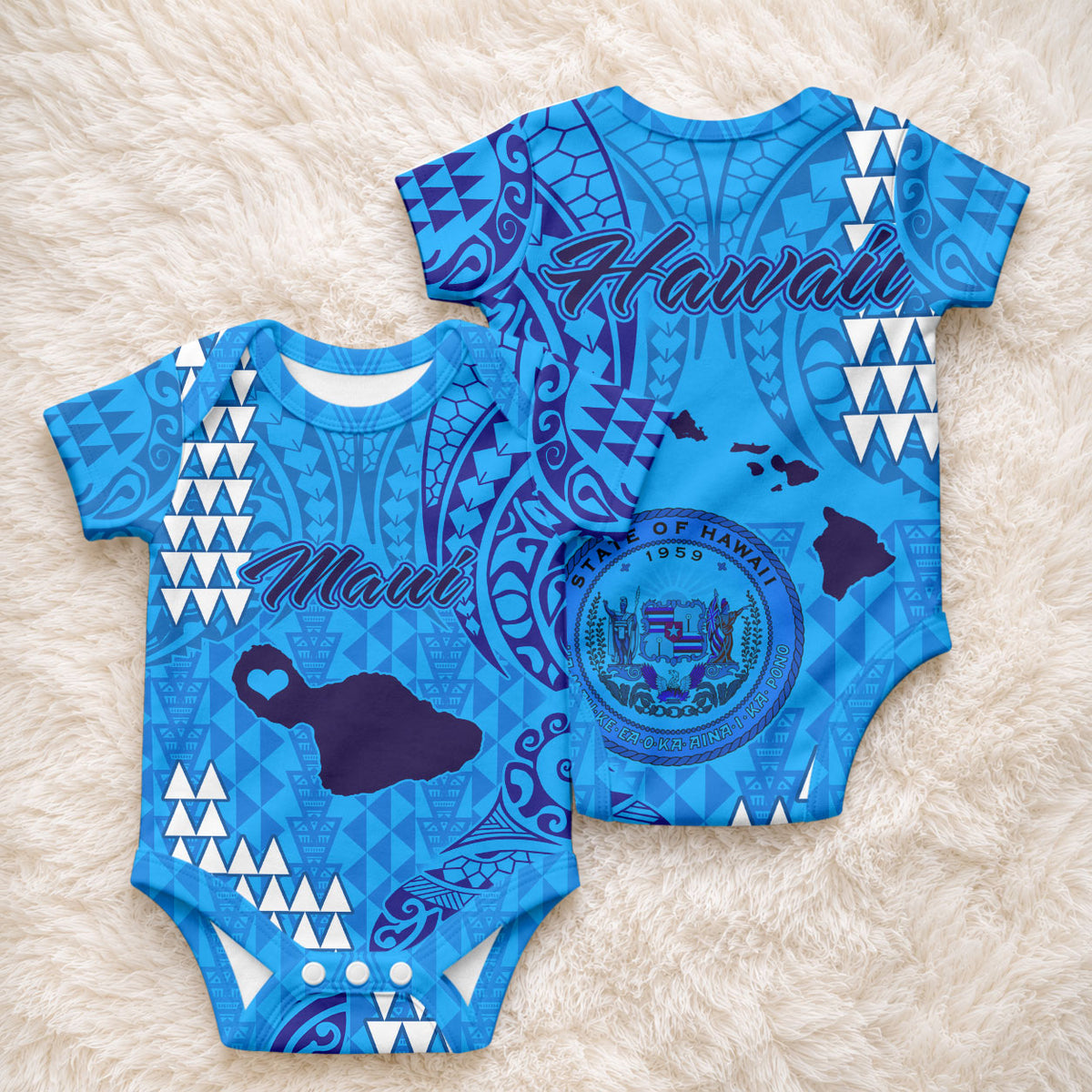 Maui Island Baby Onesie Kakau Tribal Mixed Polynesian Pattern Blue LT9 - Polynesian Pride