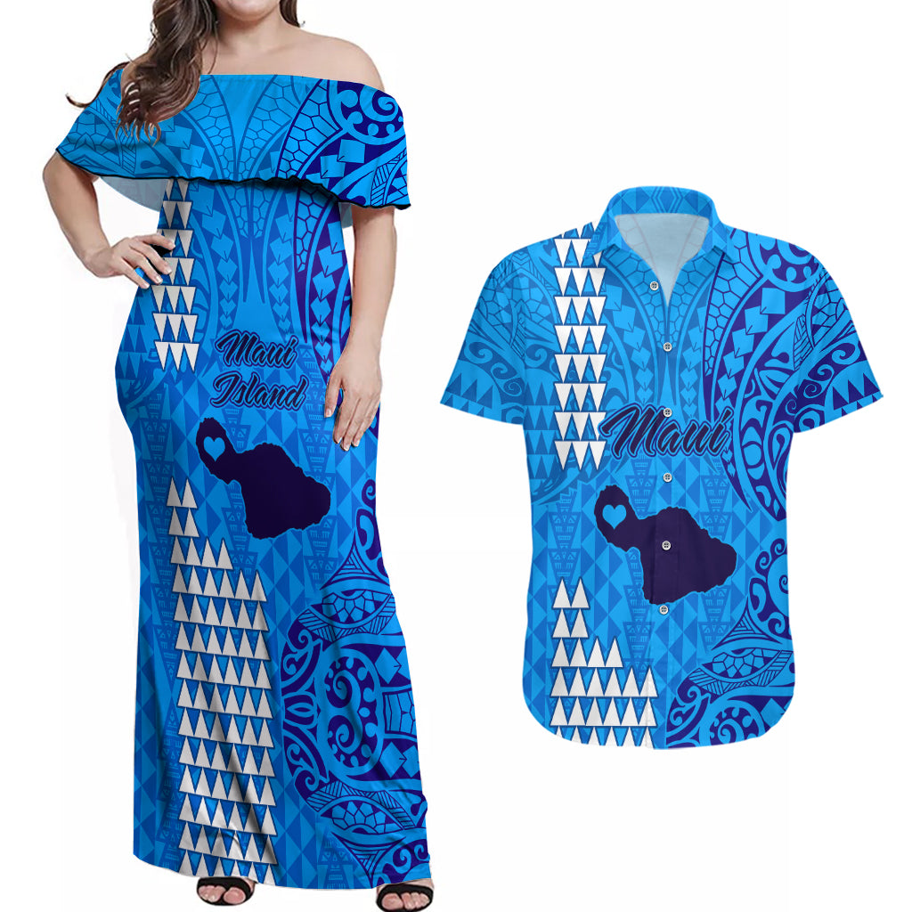 Maui Island Couples Matching Off Shoulder Maxi Dress and Hawaiian Shirt Kakau Tribal Mixed Polynesian Pattern Blue LT9 Blue - Polynesian Pride