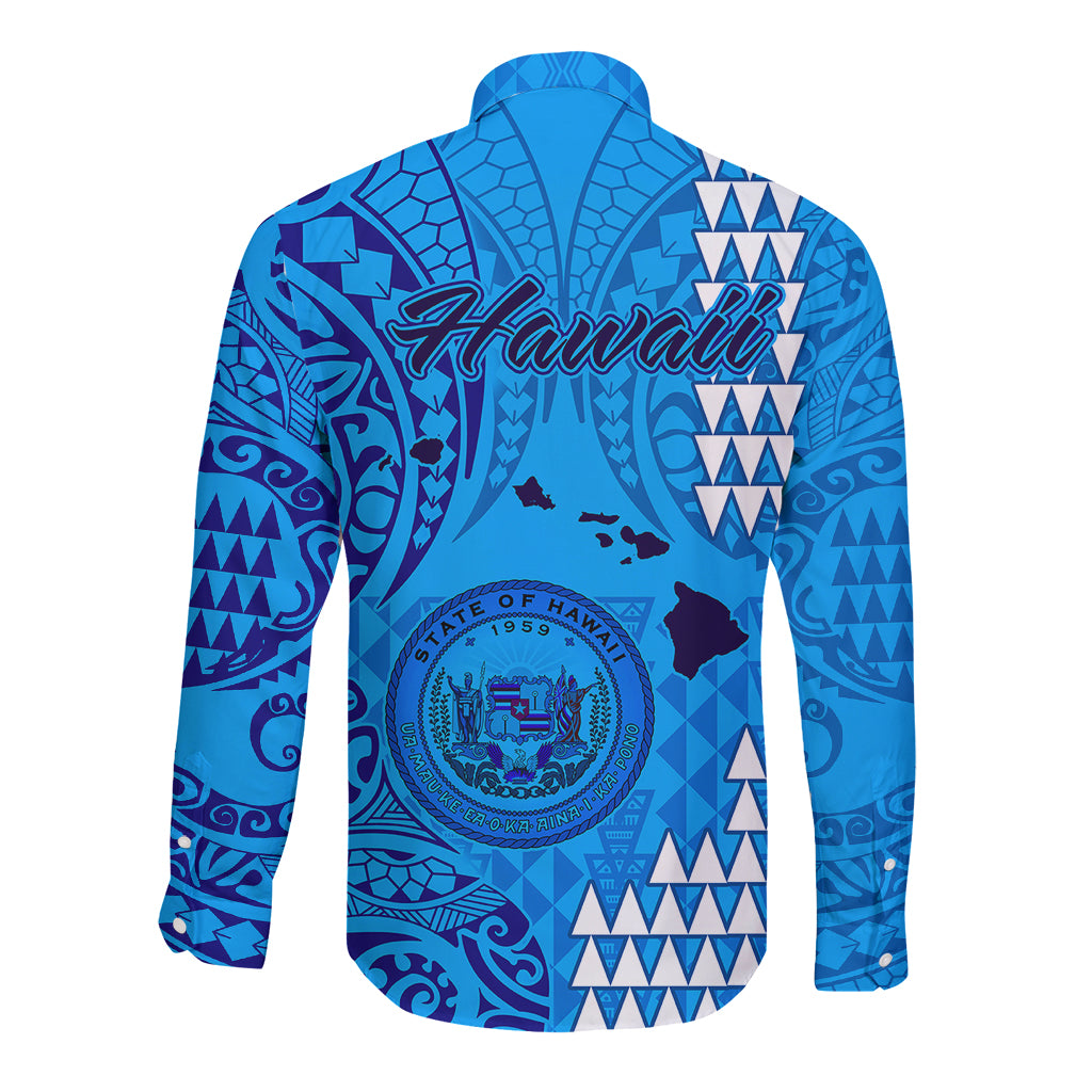Maui Island Long Sleeve Button Shirt Kakau Tribal Mixed Polynesian Pattern Blue LT9 - Polynesian Pride